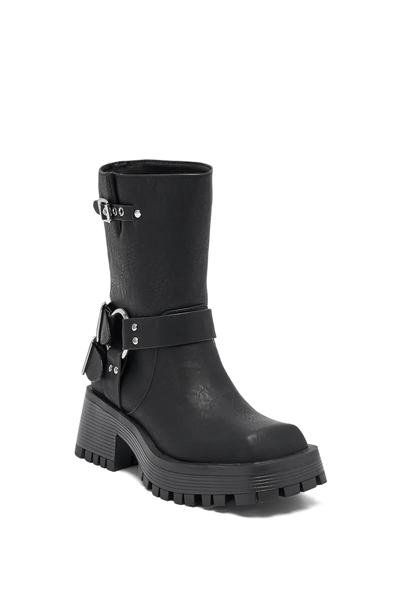 AZALEA WANG BUCKED BLACK CHUNKY HEEL COMBAT BOOTIE - Image 7