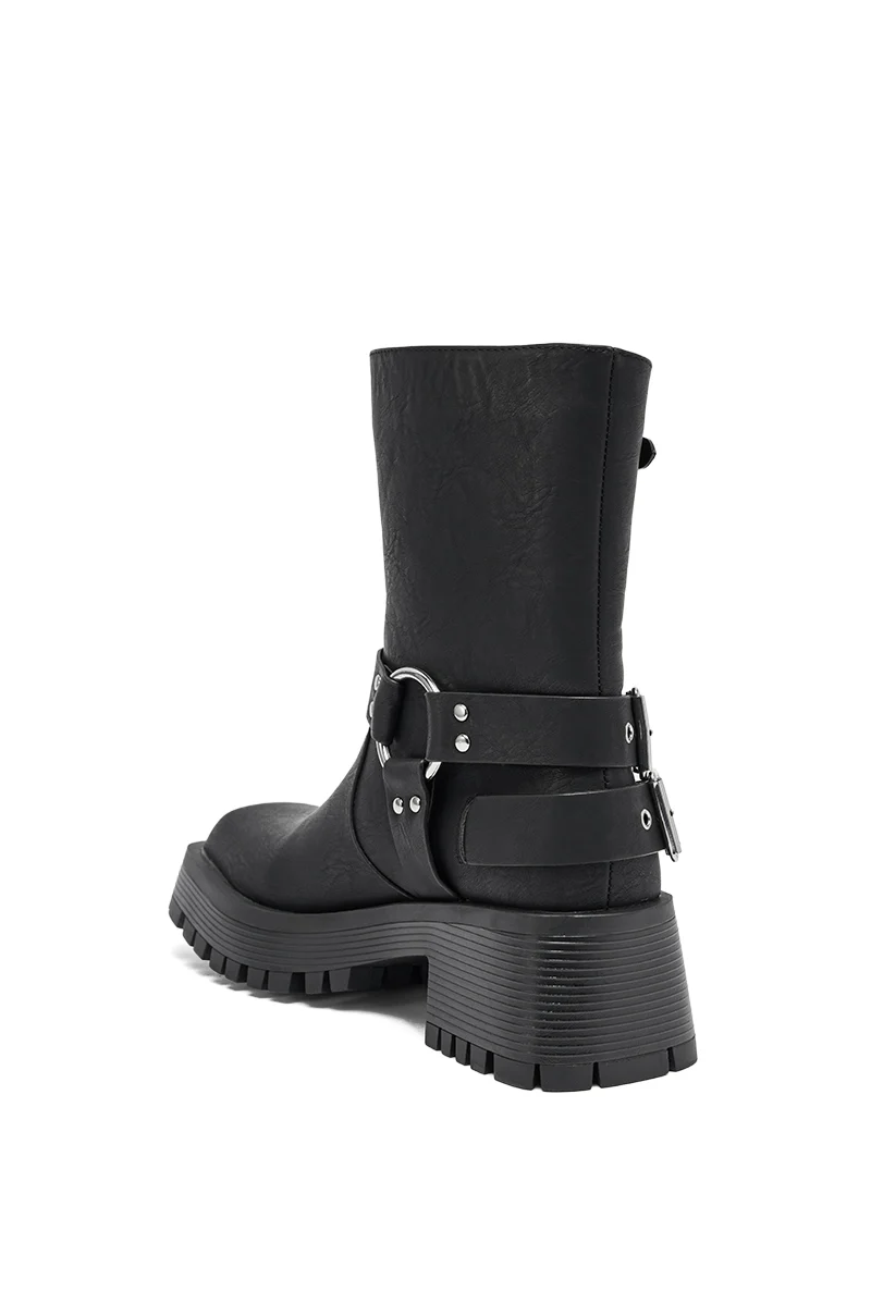 AZALEA WANG BUCKED BLACK CHUNKY HEEL COMBAT BOOTIE - Image 8