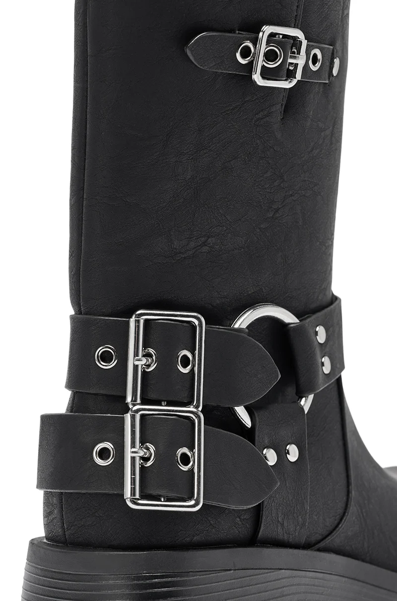 AZALEA WANG BUCKED BLACK CHUNKY HEEL COMBAT BOOTIE - Image 9