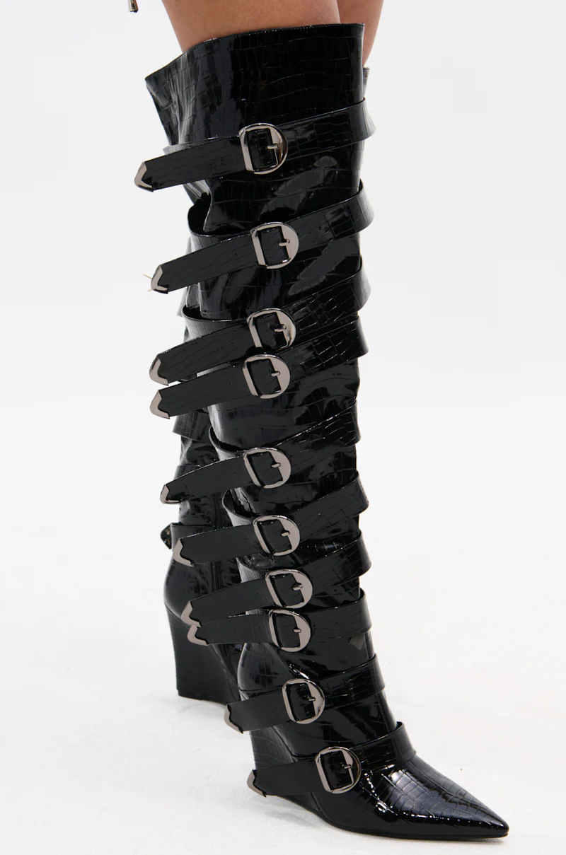 AZALEA WANG CINZIA BLACK CROC BUCKLE WEDGE BOOT - Image 4