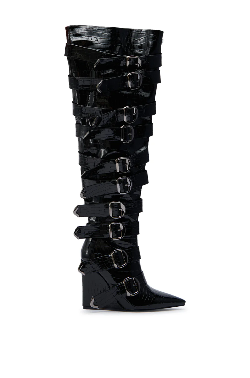 AZALEA WANG CINZIA BLACK CROC BUCKLE WEDGE BOOT - Image 5