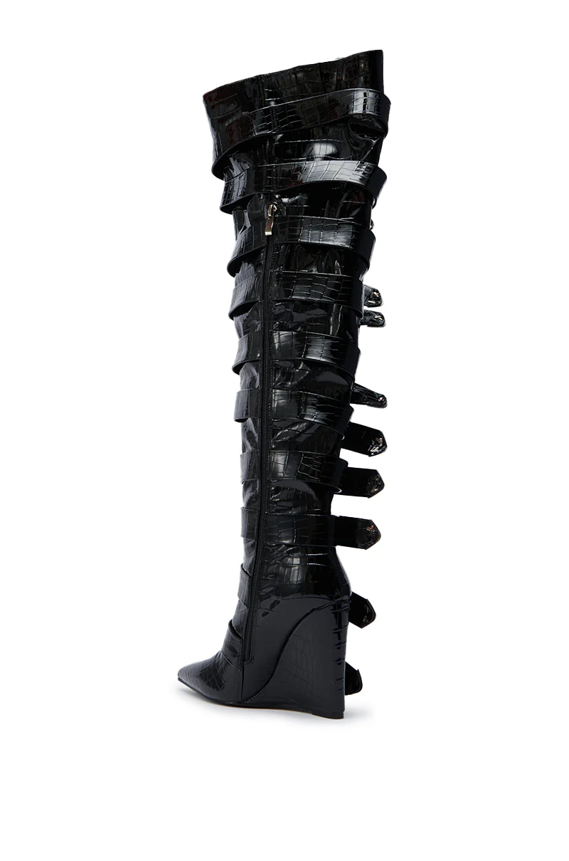 AZALEA WANG CINZIA BLACK CROC BUCKLE WEDGE BOOT - Image 7