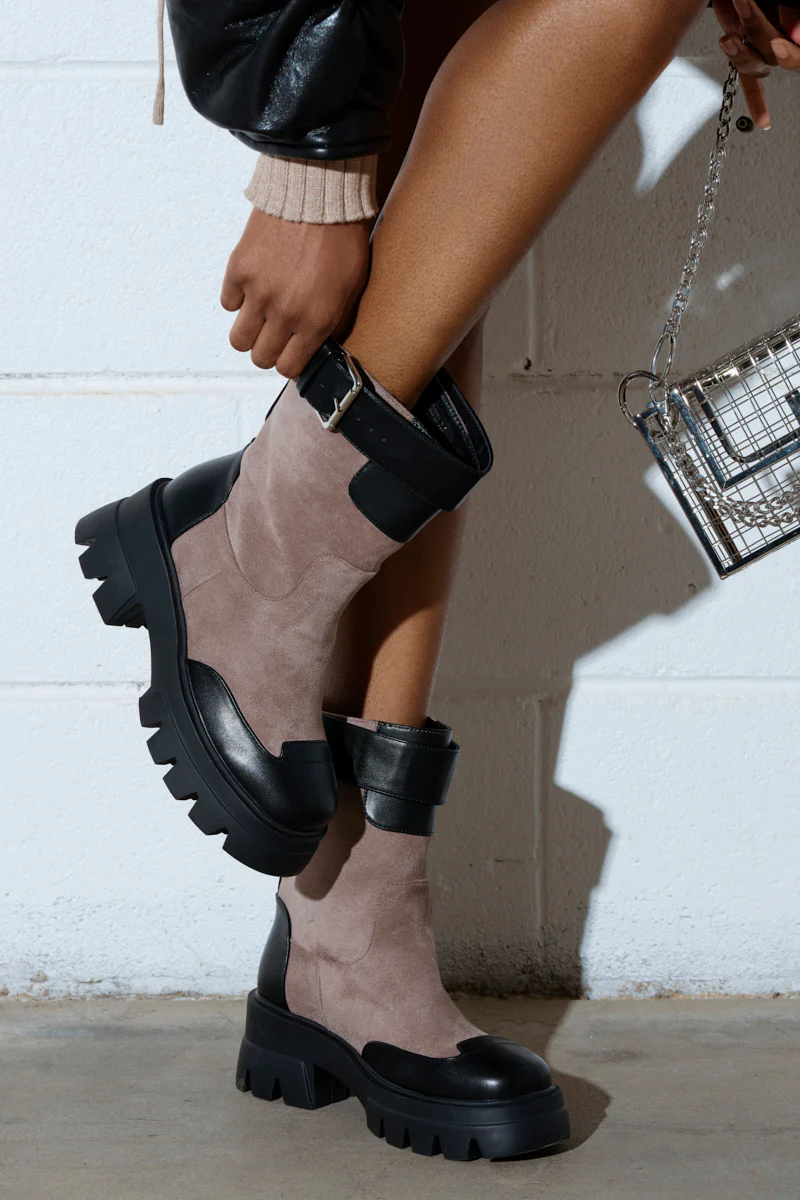 AZALEA WANG DALITTA GREY SUEDE AND BLACK PU COLOR BLOCKED FLATFORM BOOTIE - Image 2