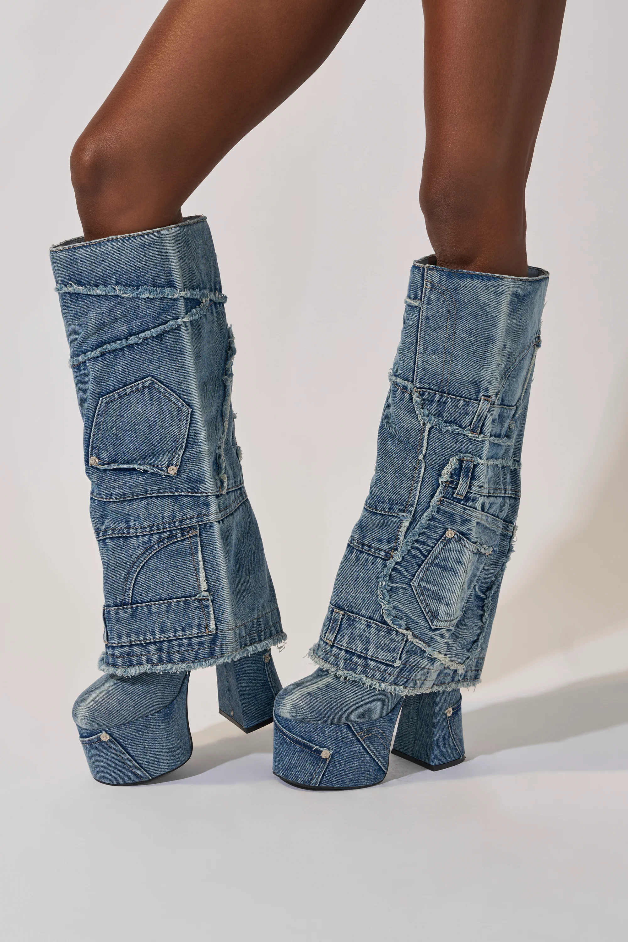 AZALEA WANG DUMI DENIM CHUNKY PATCHWORK BOOT - Image 5