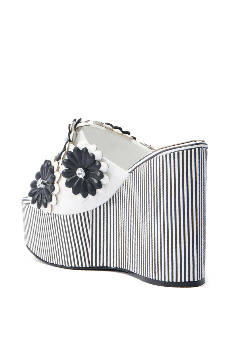 AZALEA WANG FREA WHITE AND BLACK STRIPED FLORAL WEDGE SANDAL - Image 5
