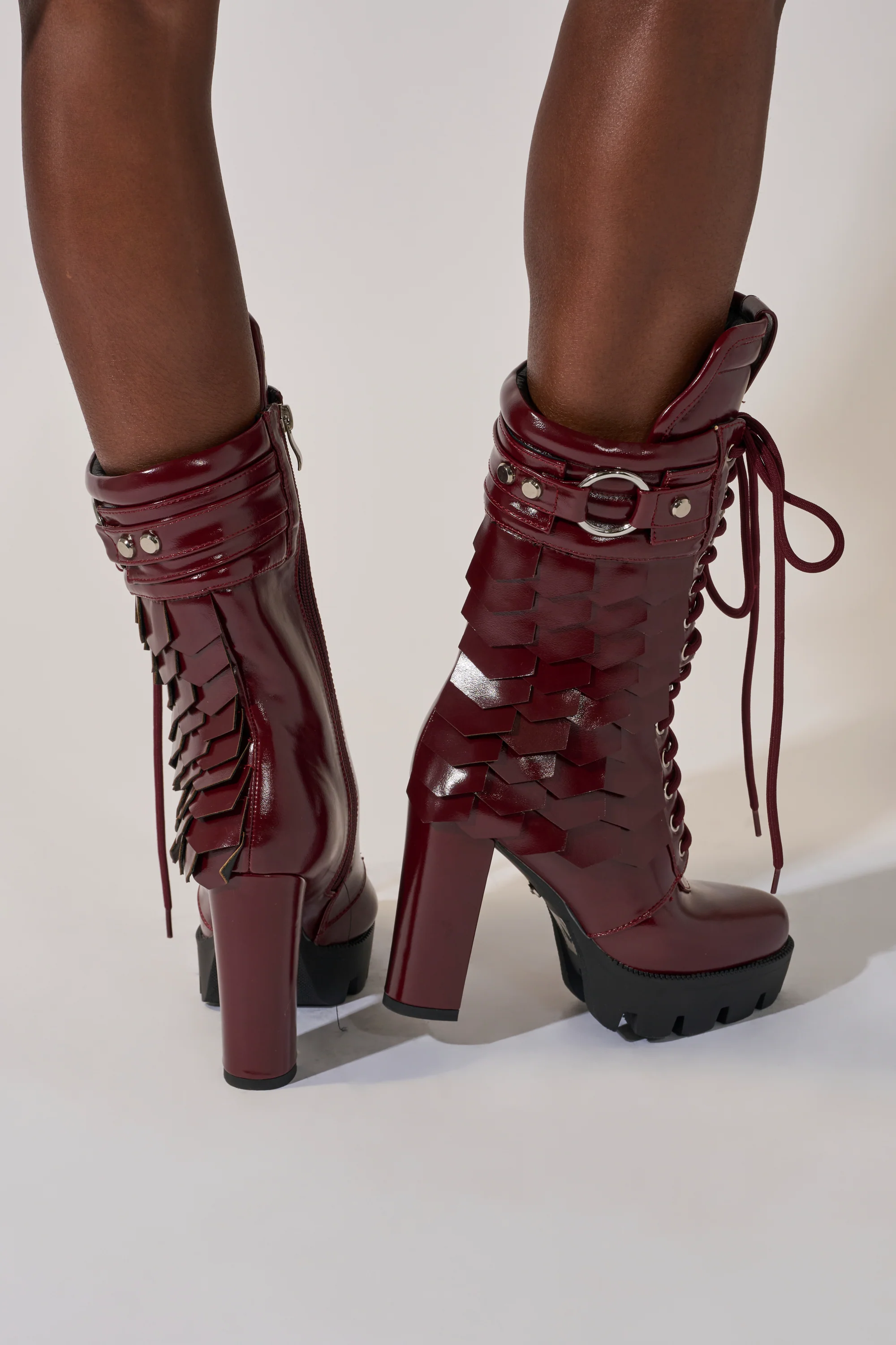 AZALEA WANG GERNOT BURGUNDY LACE UP SCALED PLATFORM BOOTIE - Image 3