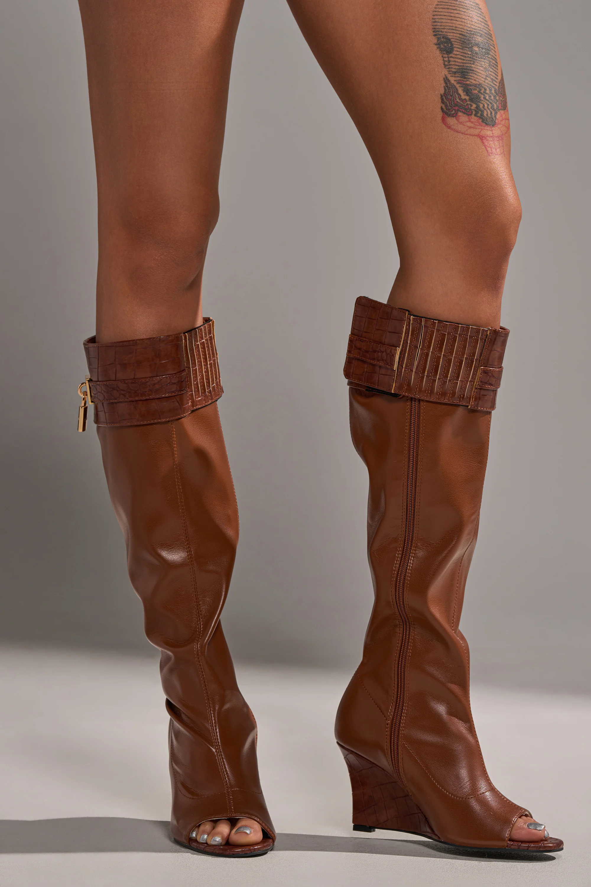 AZALEA WANG GLENNA COGNAC STRETCH PU WEDGE BOOT - Image 2