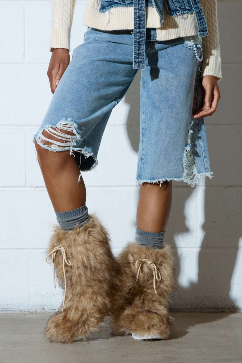 AZALEA WANG HAYES BROWN FUR LACE UP FLAT BOOTIE