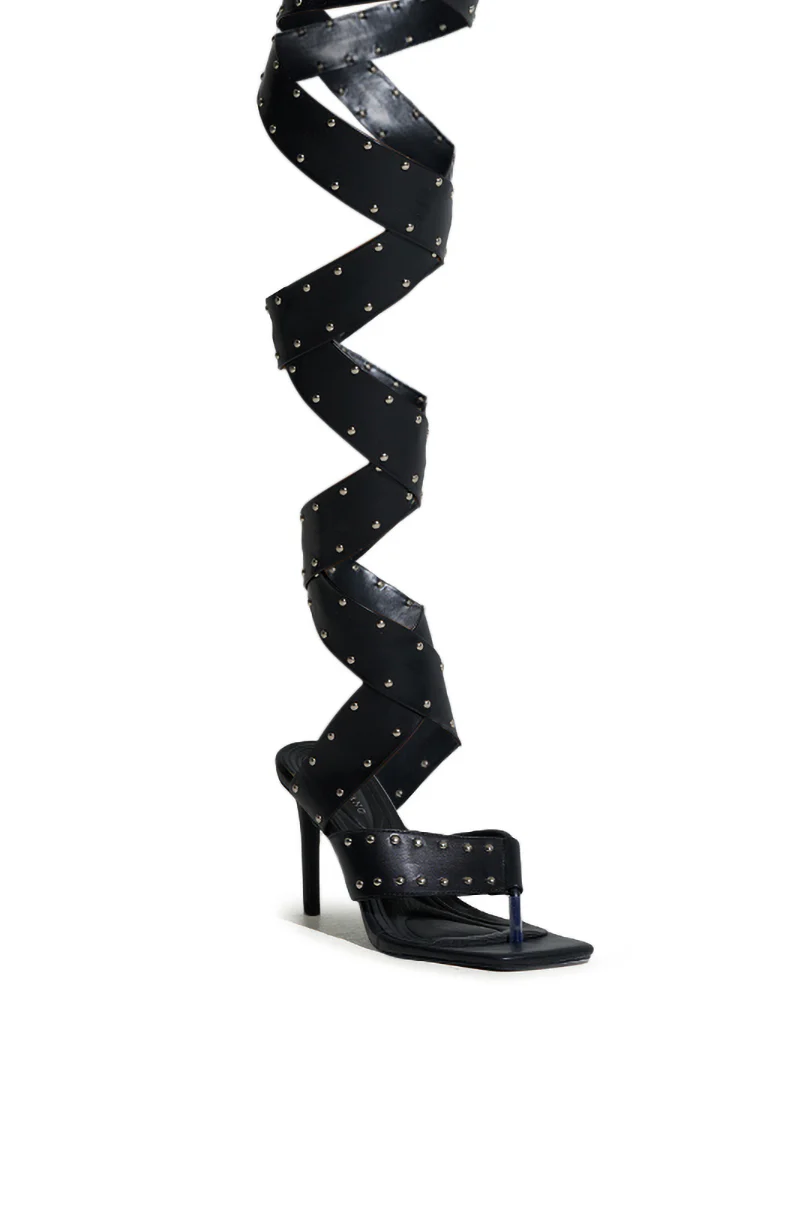 AZALEA WANG HOWLITE BLACK STUDDED STRAPPED SANDAL - Image 9