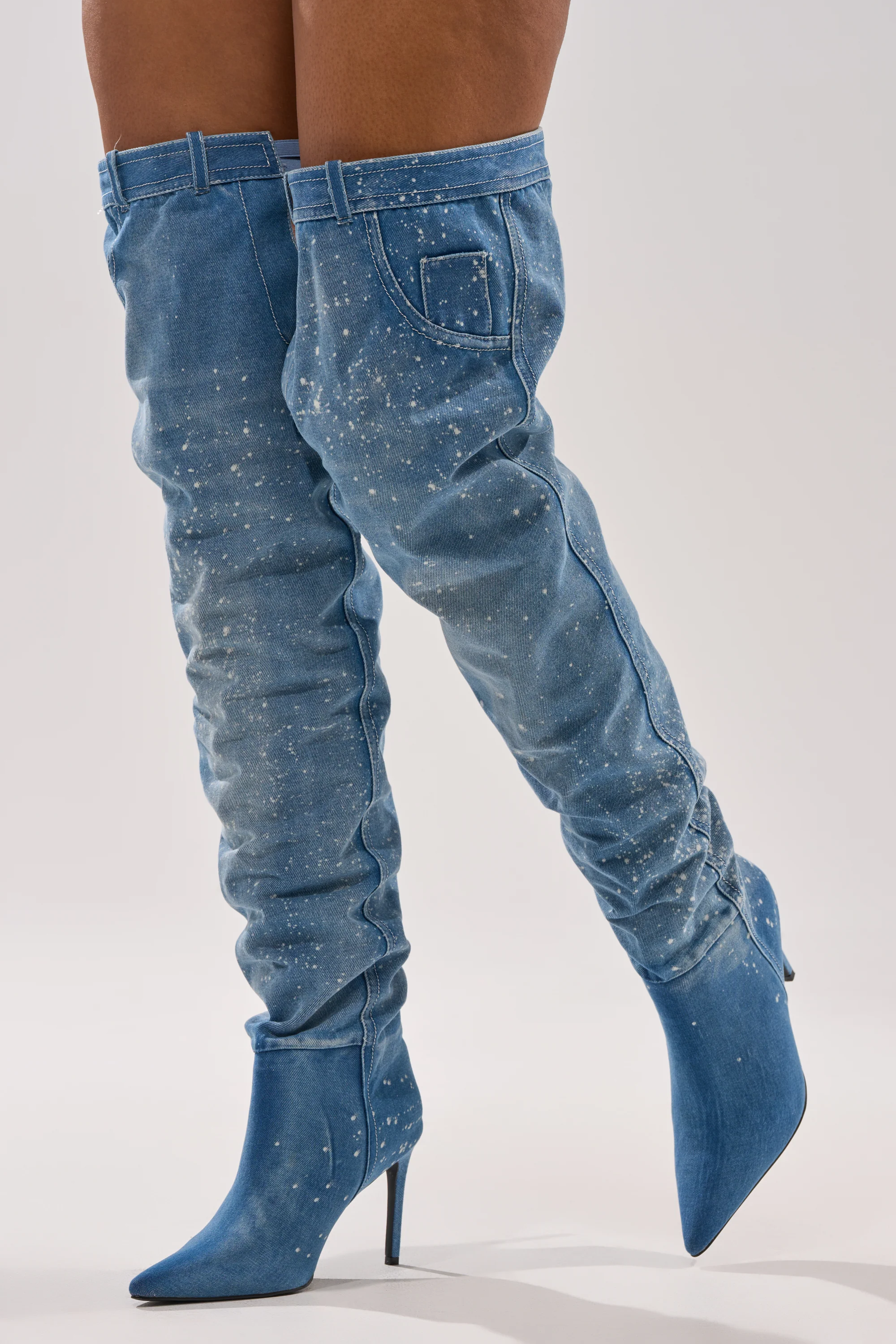 AZALEA WANG JEANNI DENIM SPLATTER PAINTED STILETTO BOOT - Image 3