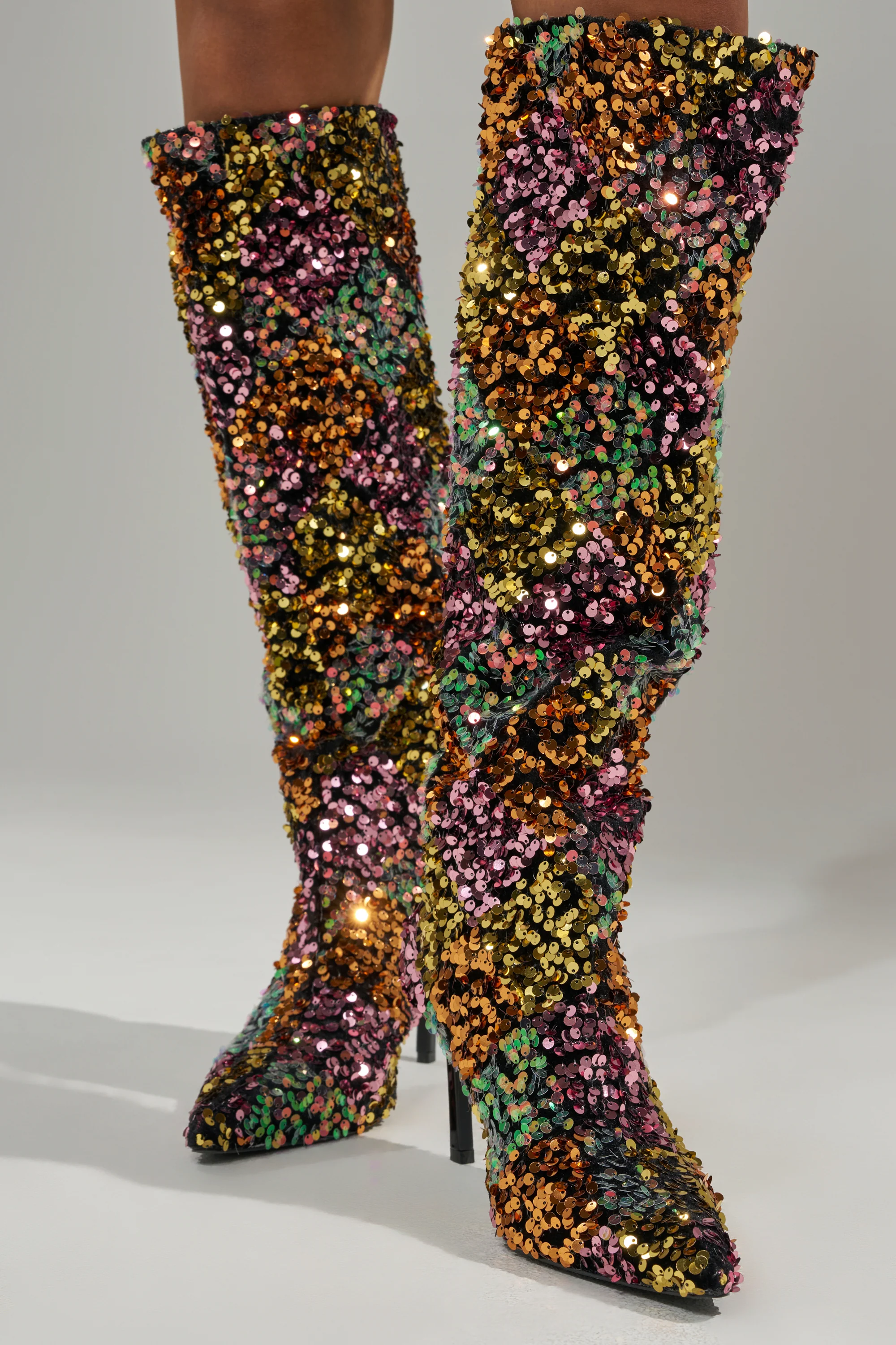 AZALEA WANG JIMENA MULTI GOLD SEQUIN KNEE HIGH STILETTO BOOT - Image 2
