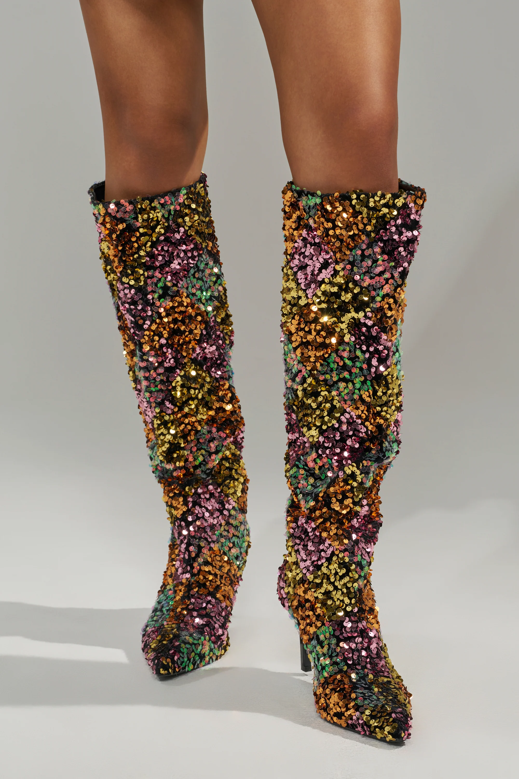 AZALEA WANG JIMENA MULTI GOLD SEQUIN KNEE HIGH STILETTO BOOT - Image 3