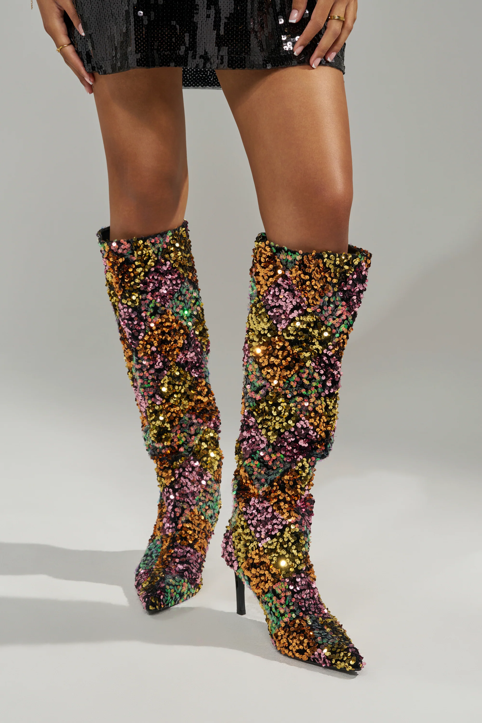 AZALEA WANG JIMENA MULTI GOLD SEQUIN KNEE HIGH STILETTO BOOT - Image 4