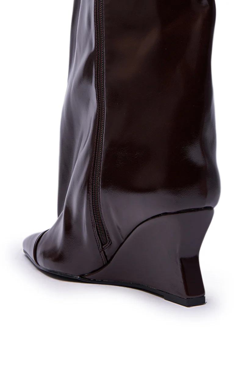 AZALEA WANG KENYA BROWN KNEE HIGH WEDGE BOOT - Image 7