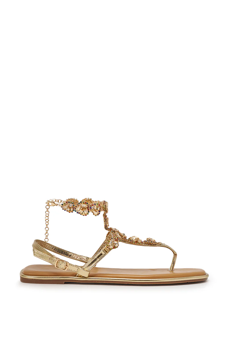 AZALEA WANG LOSKI GOLD METALLIC RHINESTONE EMBELLISHED FLAT STRAP SANDAL - Image 3