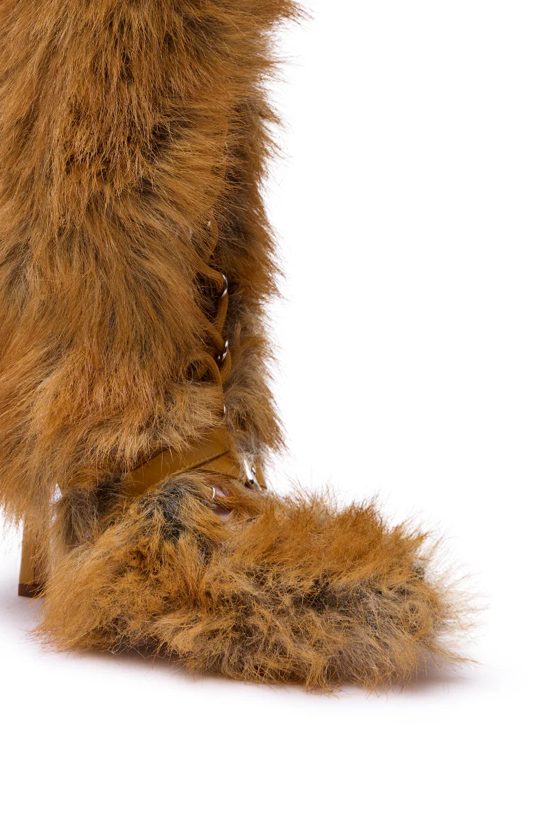 AZALEA WANG LOURDANNE TAN FUR LACE UP STILETTO BOOT - Image 11
