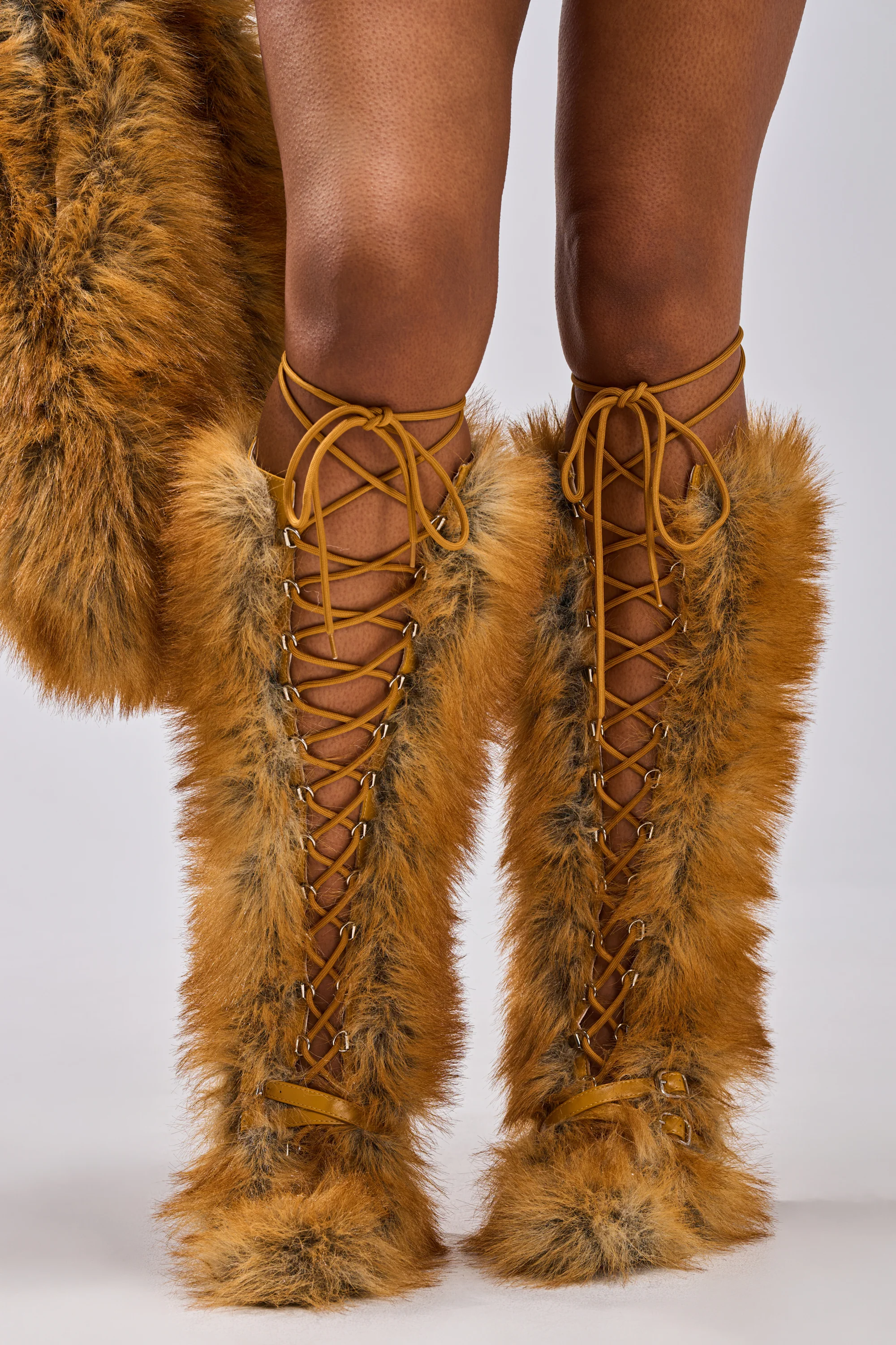 AZALEA WANG LOURDANNE TAN FUR LACE UP STILETTO BOOT - Image 4