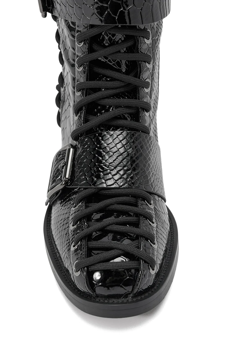AZALEA WANG MAKAR BLACK CROC LACE UP DETAIL BOOT - Image 9