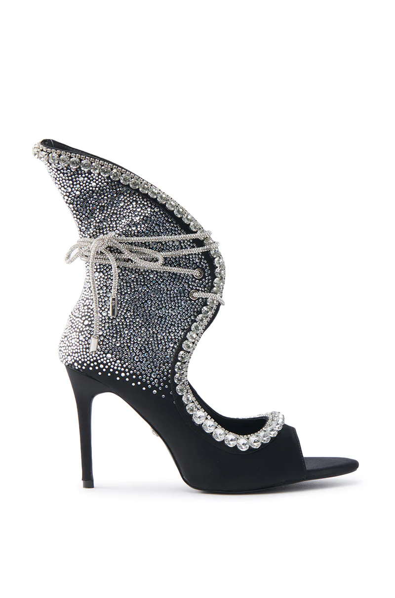 AZALEA WANG MICAELA BLACK SILVER RHINESTONE OPEN TOE LACE UP STILETTO BOOTIE - Image 4