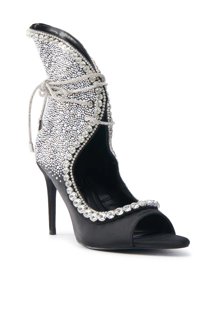 AZALEA WANG MICAELA BLACK SILVER RHINESTONE OPEN TOE LACE UP STILETTO BOOTIE - Image 5