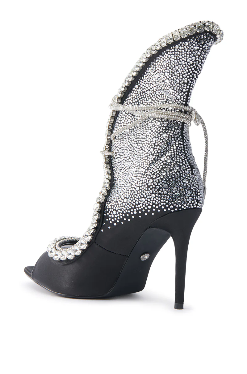 AZALEA WANG MICAELA BLACK SILVER RHINESTONE OPEN TOE LACE UP STILETTO BOOTIE - Image 6