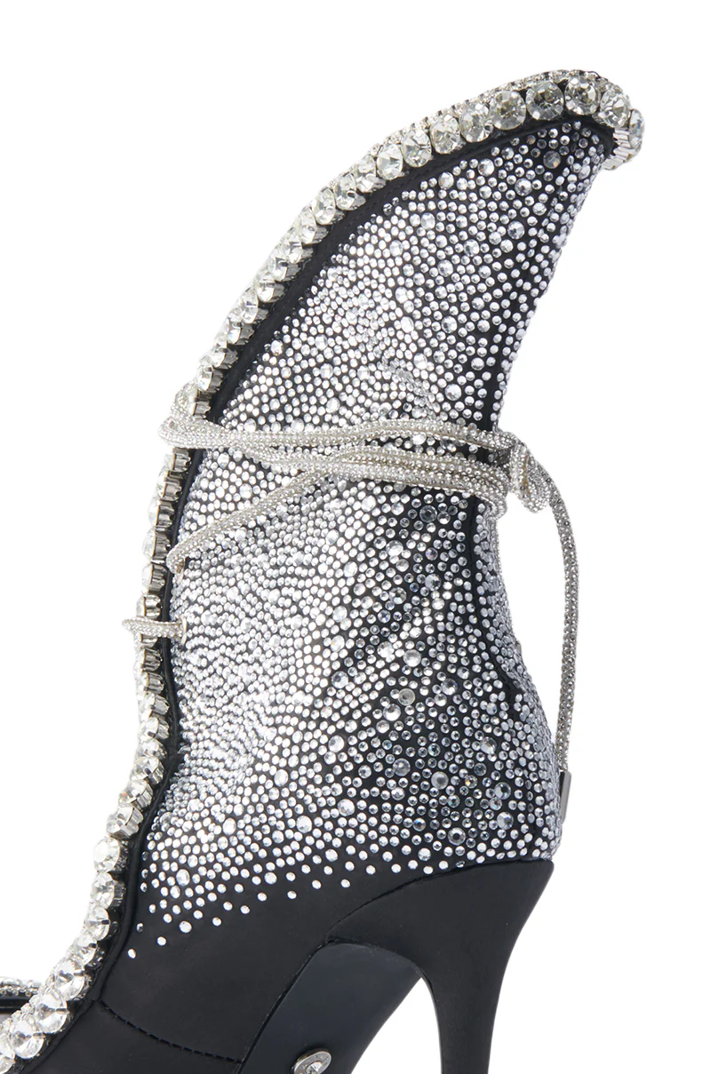 AZALEA WANG MICAELA BLACK SILVER RHINESTONE OPEN TOE LACE UP STILETTO BOOTIE - Image 7