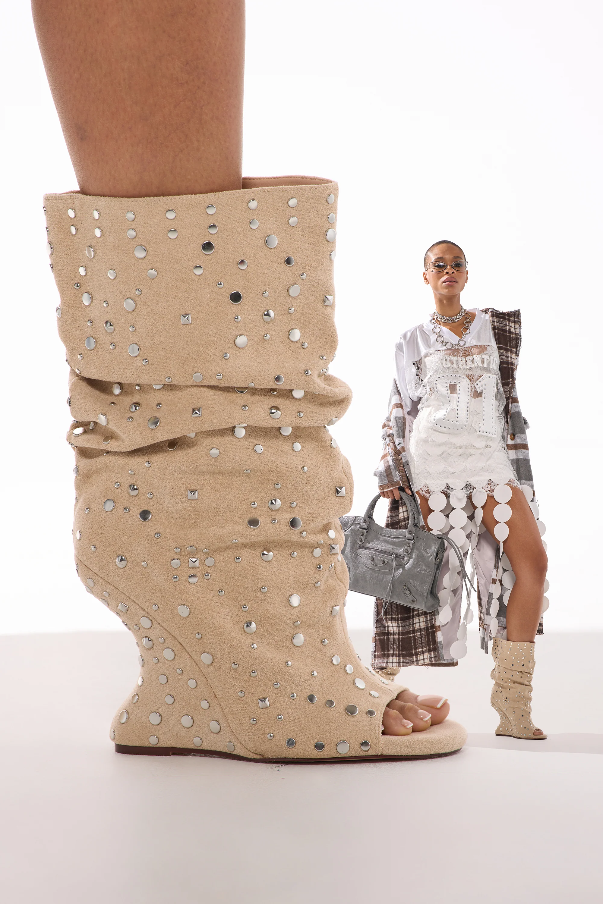 AZALEA WANG NAOMANI FAUX SUEDE BEIGE STUDDED OPEN TOE HEEL - Image 2