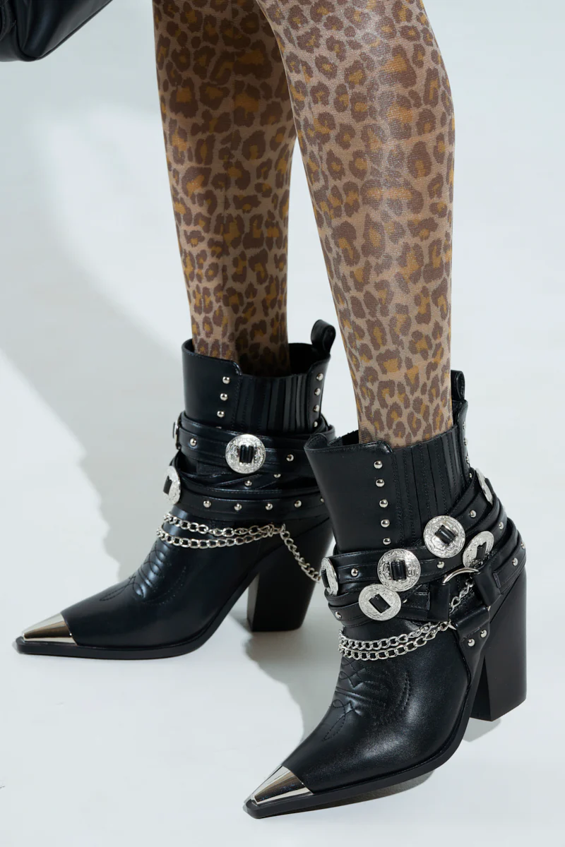 AZALEA WANG RIGGINS BLACK SILVER HARDWARE EMBELLISHED WESTERN BOOTIE - Image 10