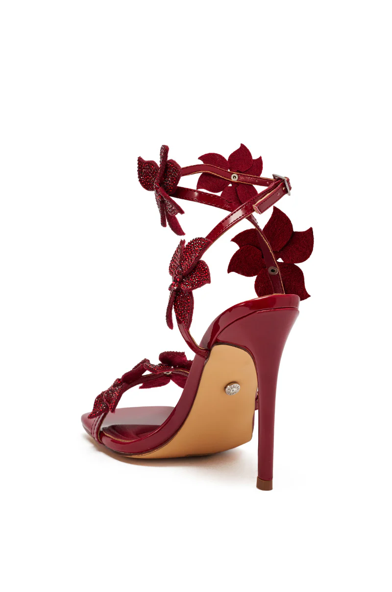 AZALEA WANG ROMI DARK CHERRY RHINESTONE FLORAL EMBELLISHED SANDAL - Image 4