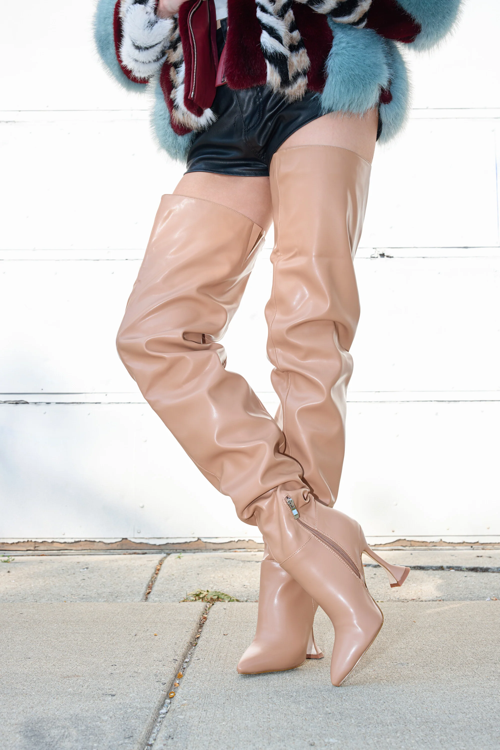 AZALEA WANG STEPHAN BEIGE PU FLARED HEEL RUCHED BOOT - Image 3