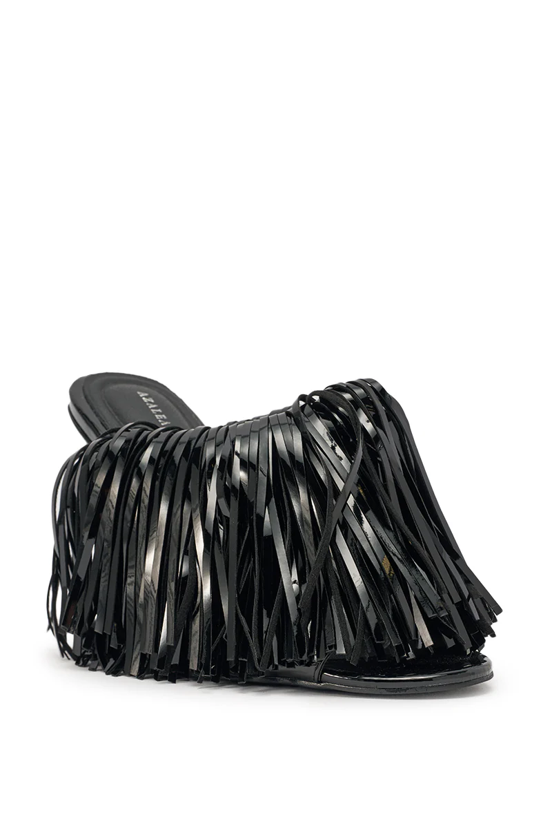 AZALEA WANG VAILYN BLACK FRINGE PU WEDGE SANDAL - Image 7