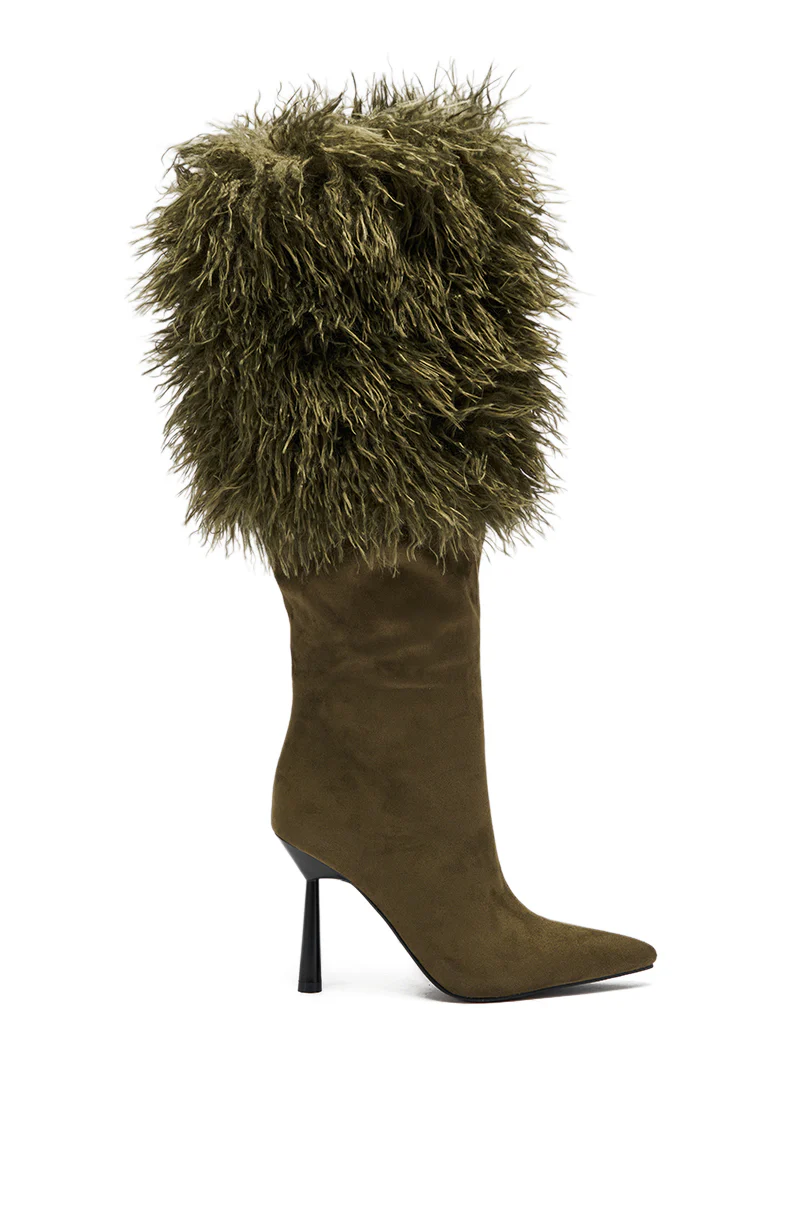 AZALEA WANG VENDRISS OLIVE STILETTO FUR BOOTIE - Image 4