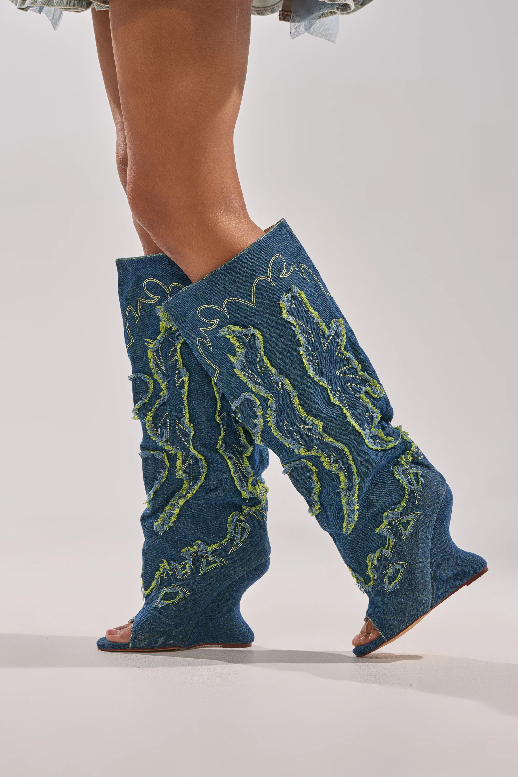AZALEA WANG VIANCA GREEN MULTI DENIM WEDGE BOOT - Image 3