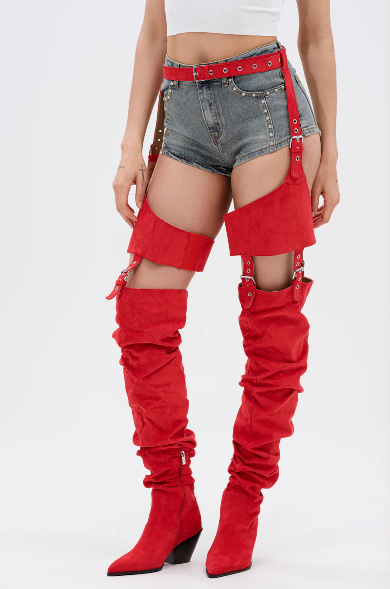 AZALEA WANG XOMARIA RED FAUX SUEDE WESTERN CHAP BOOT - Image 3