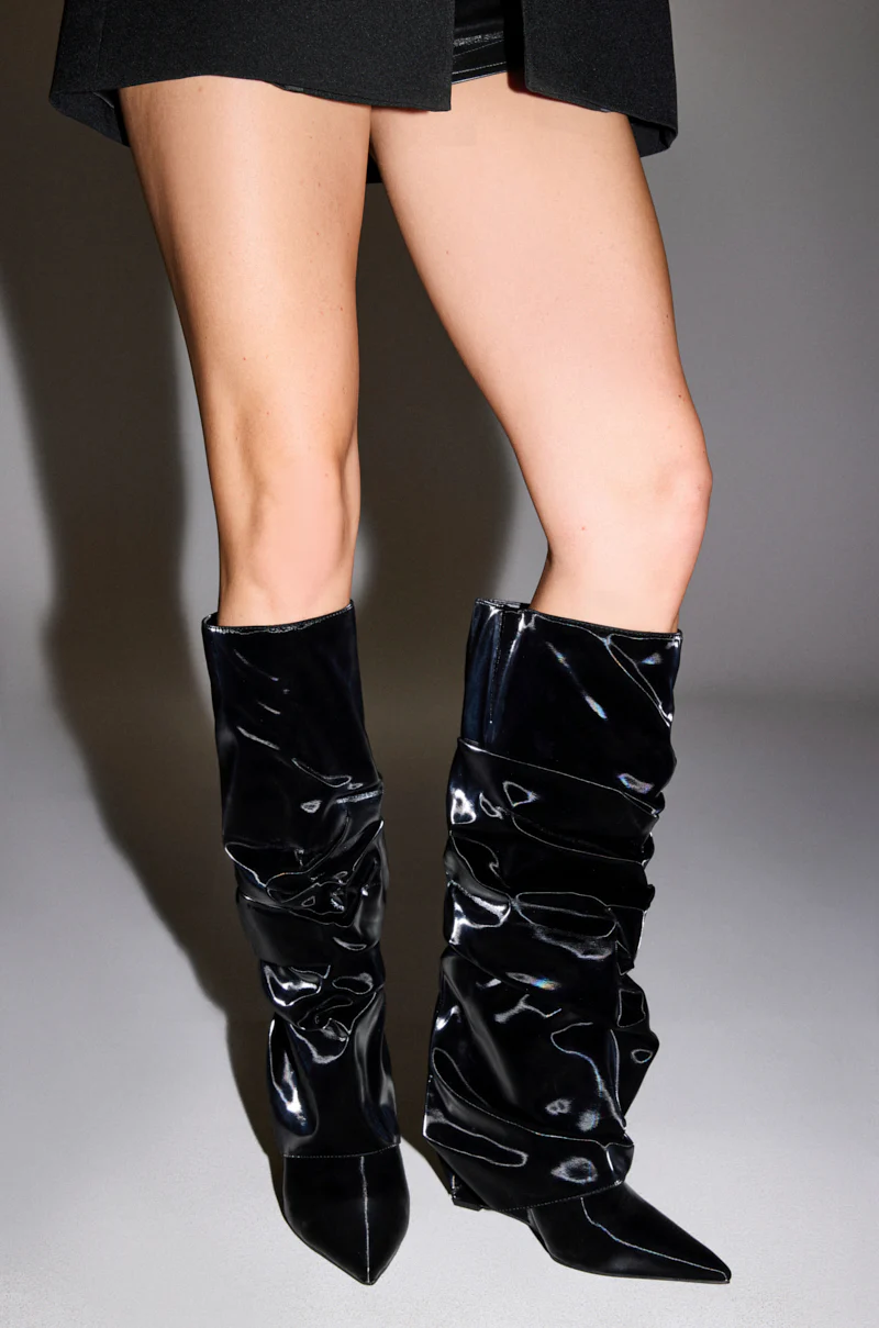AZALEA WANG ZYLLA BLACK PATENT WEDGE RUCHED BOOT - Image 2