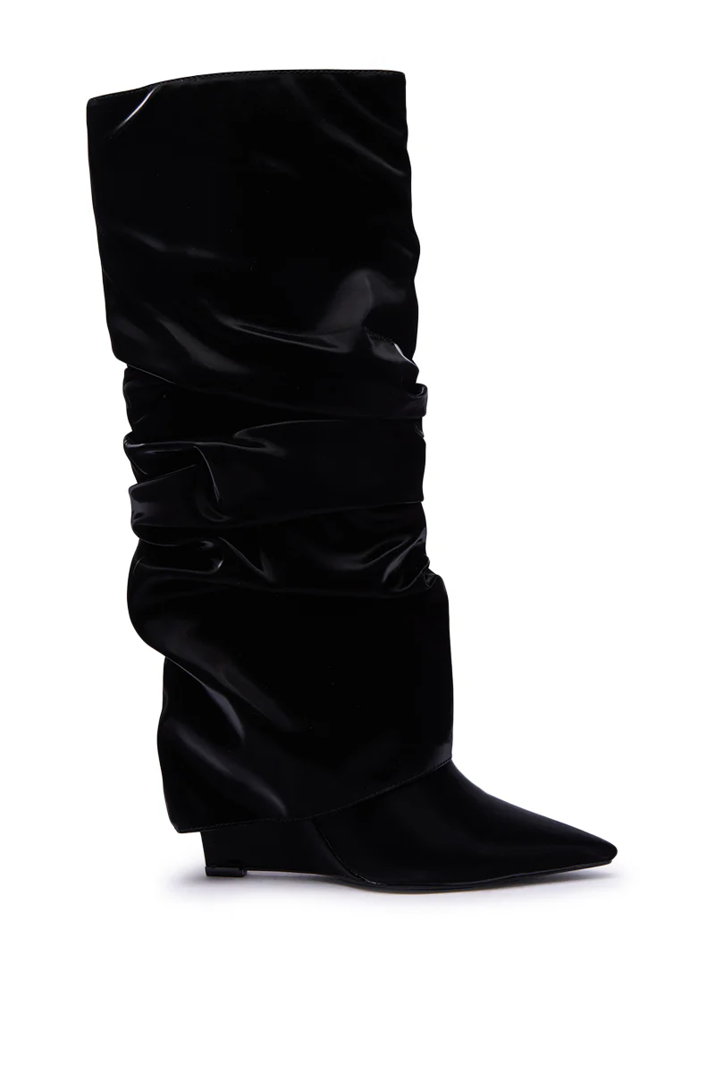 AZALEA WANG ZYLLA BLACK PATENT WEDGE RUCHED BOOT - Image 4