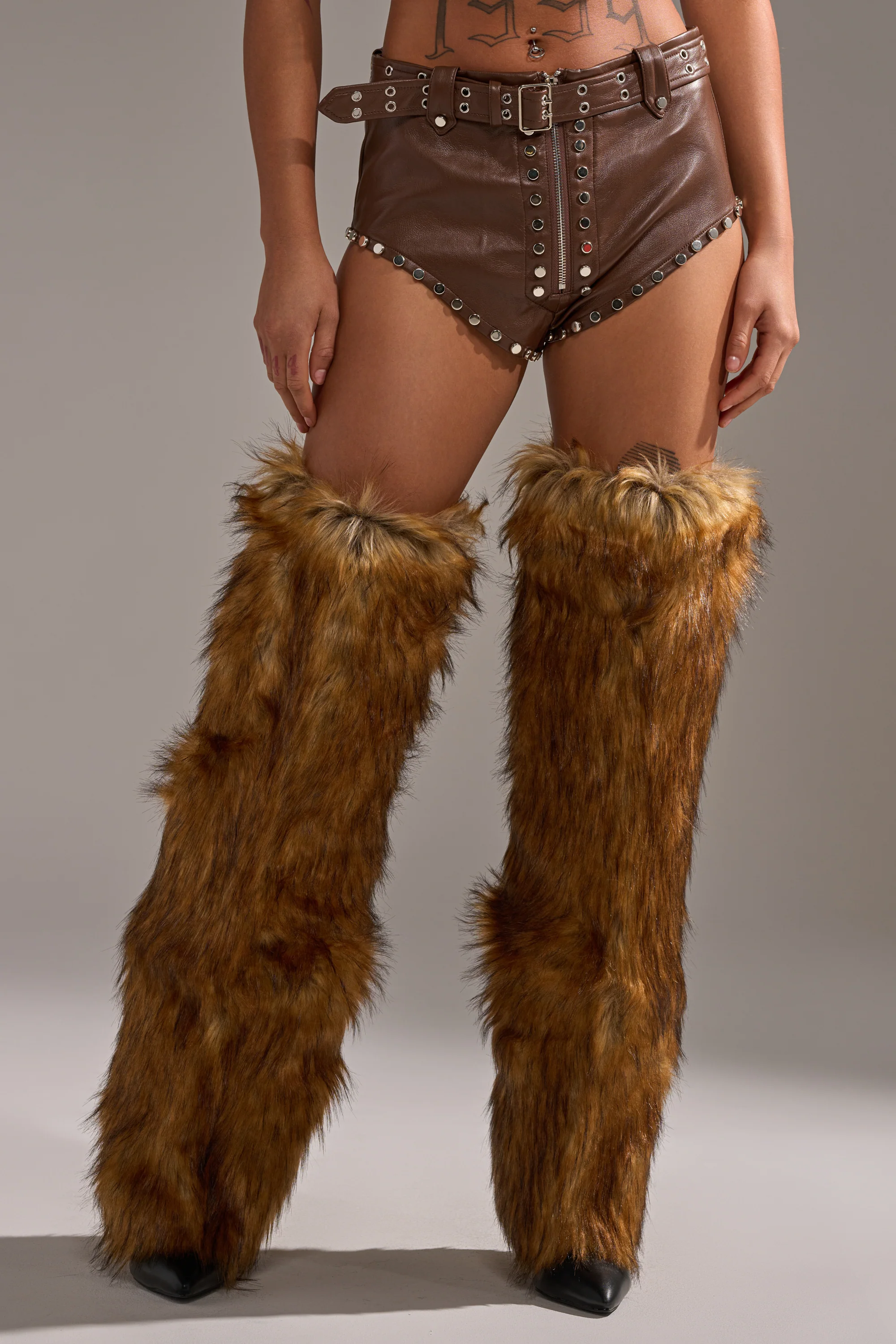 BABY PLZ FAUX LEATHER STUD HOT SHORT IN BROWN - Image 3