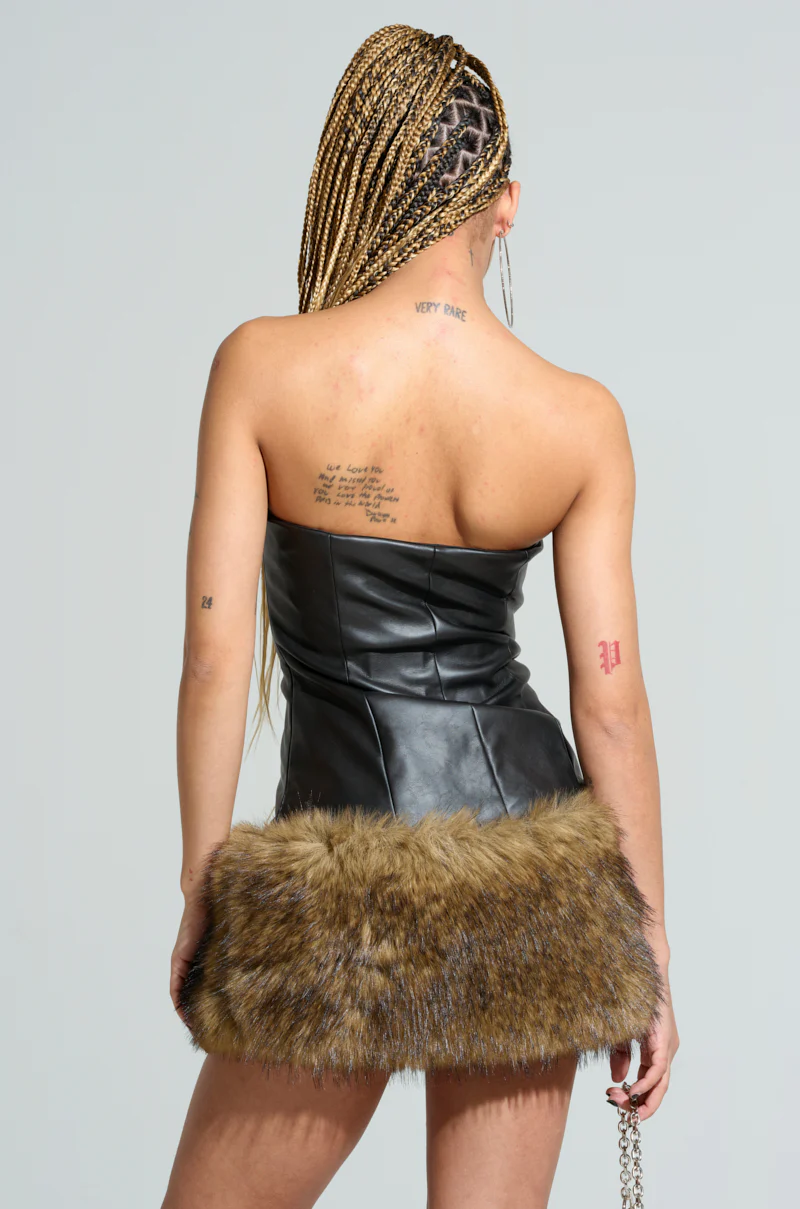 BARON PU MINI DRESS WITH FUR TRIM - Image 3
