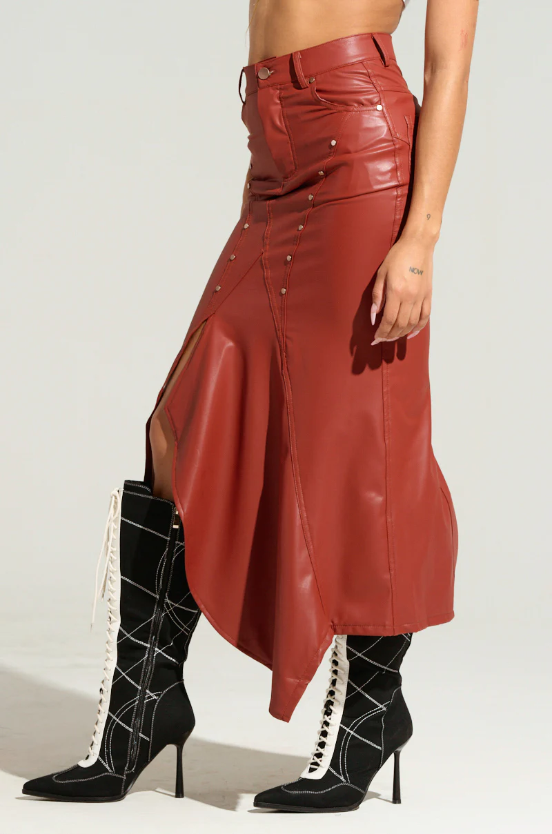 BITE ME ASYMMETRICAL FAUX LEATHER MIDI SKIRT IN BROWN - Image 3
