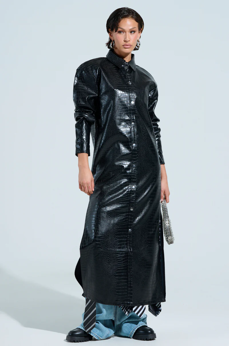 BLACK LONG SLEEVE CROC BUTTON DOWN SHIRT IN PU - Image 2