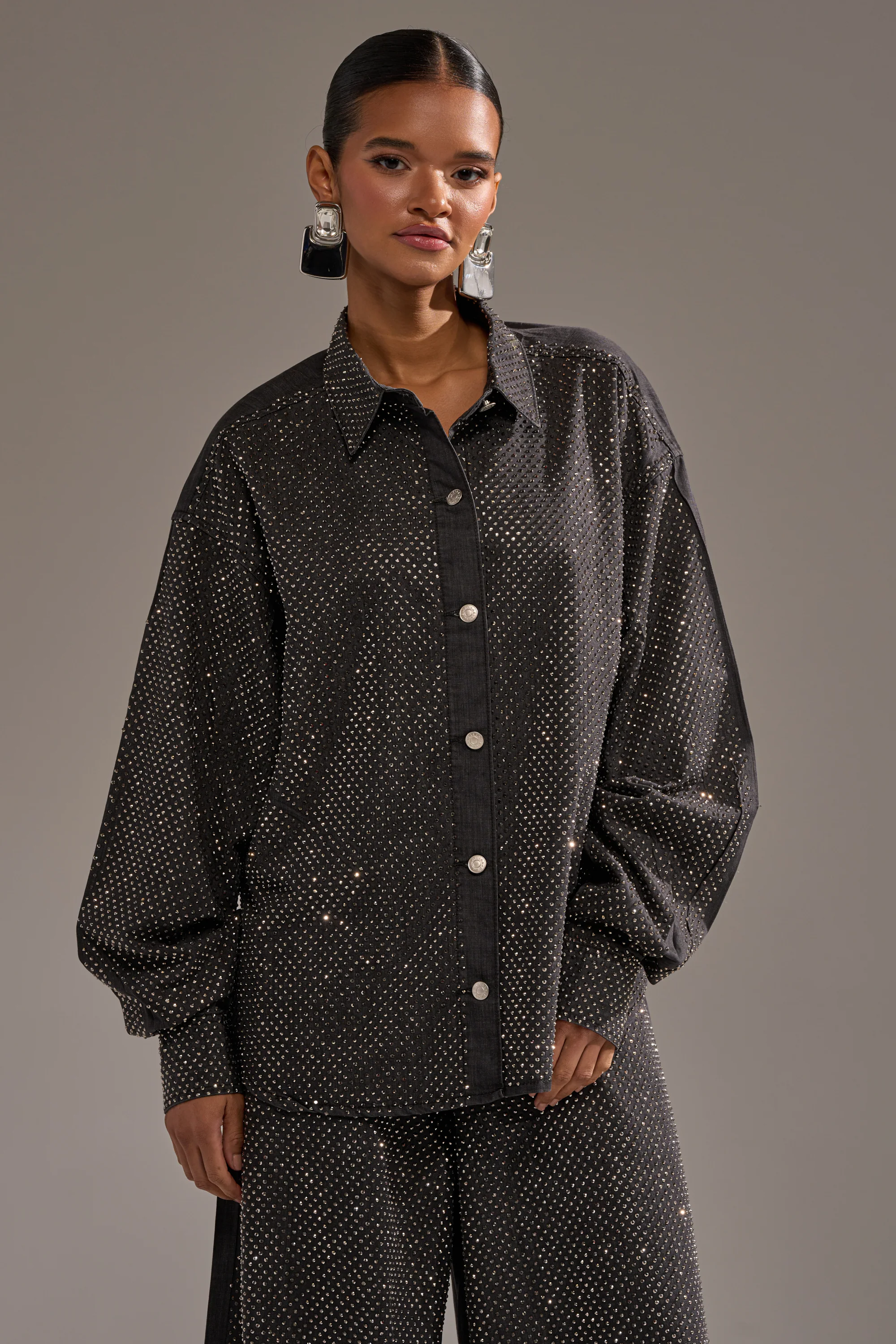 BLING BLING DENIM BUTTON DOWN TOP IN BLACK - Image 3