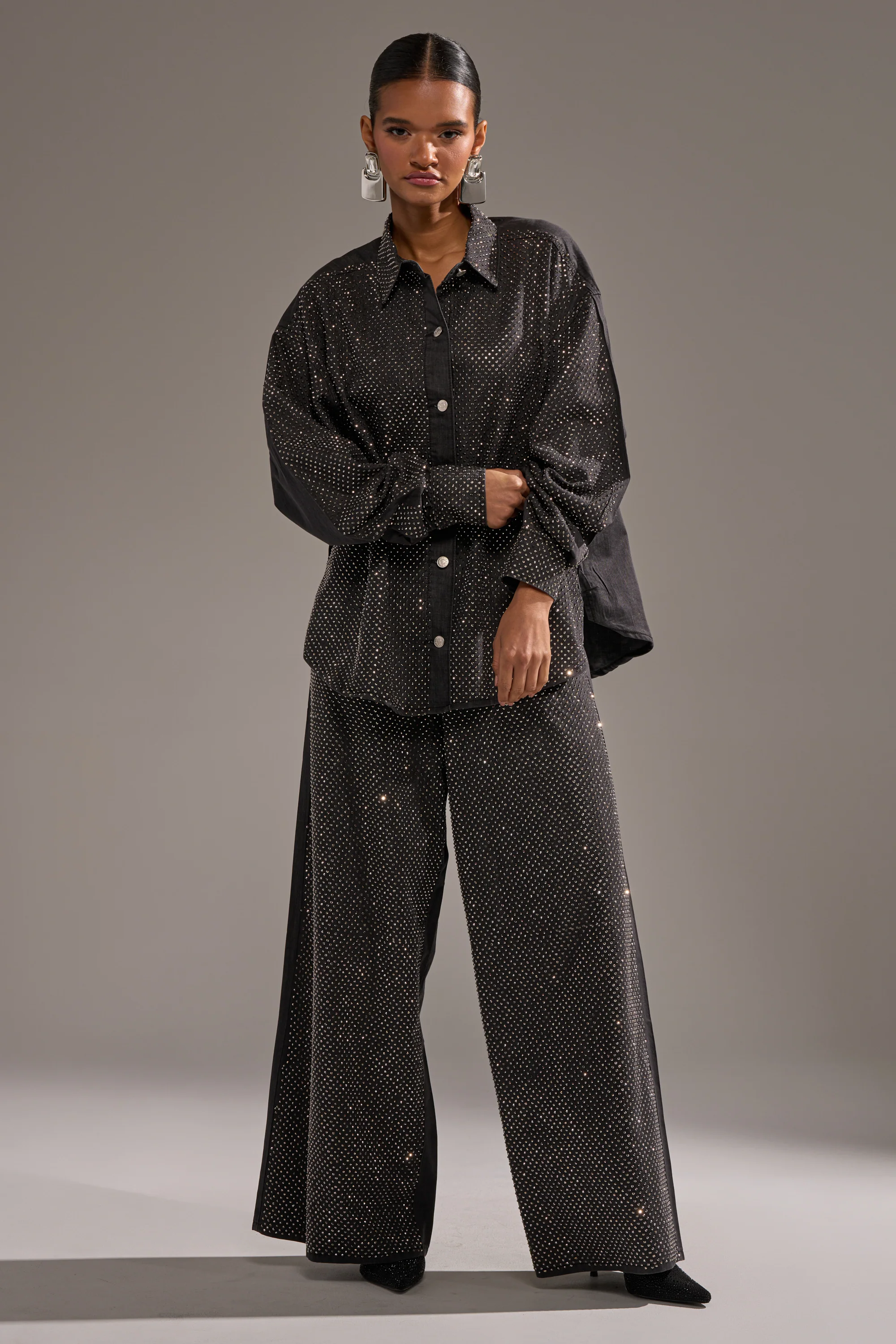 BLING BLING DENIM BUTTON DOWN TOP IN BLACK - Image 8