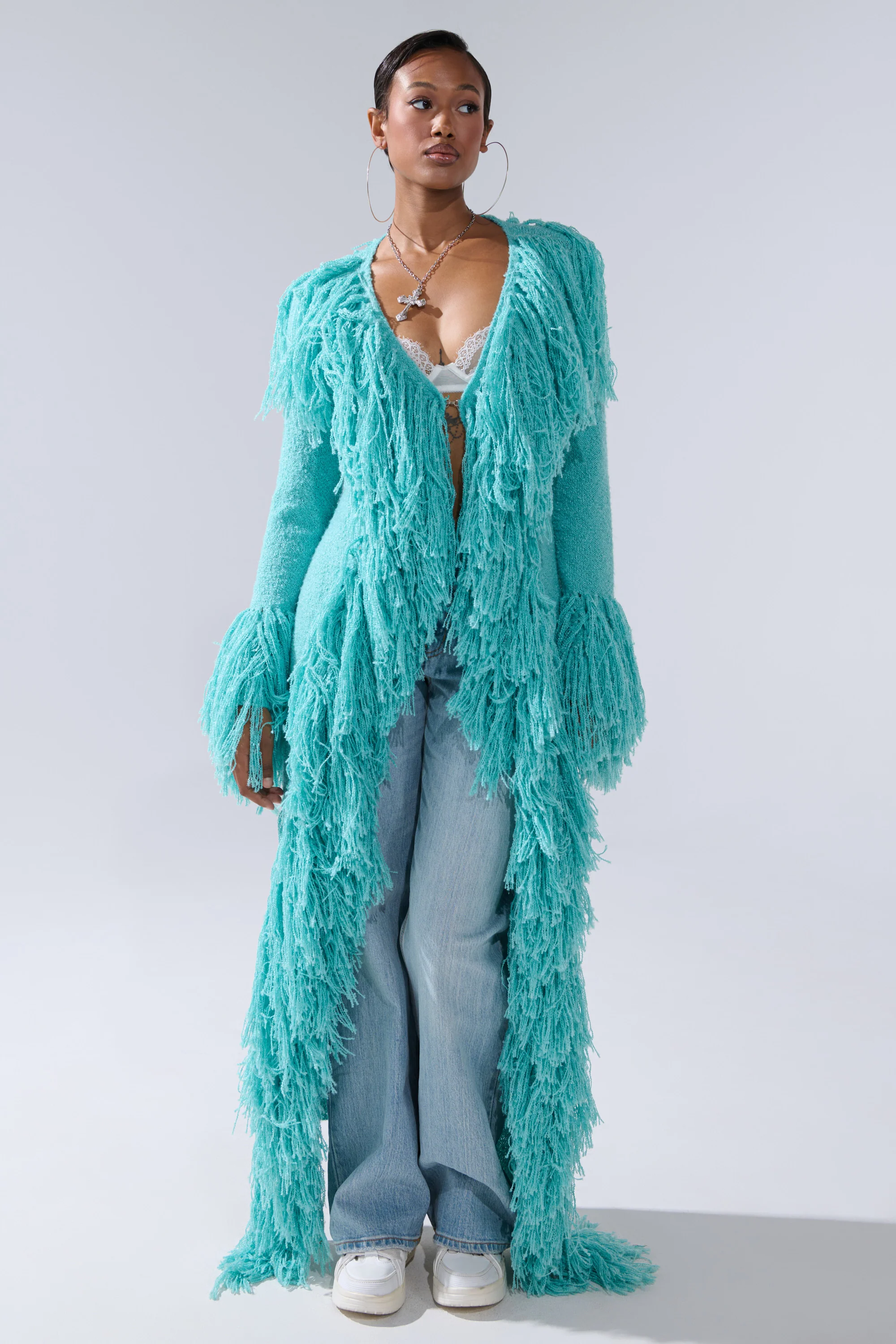 BURRR IT'S COLD OUTSIDE FRINGE OVERSIZED SWEATER IN TURQUOISE - Image 2
