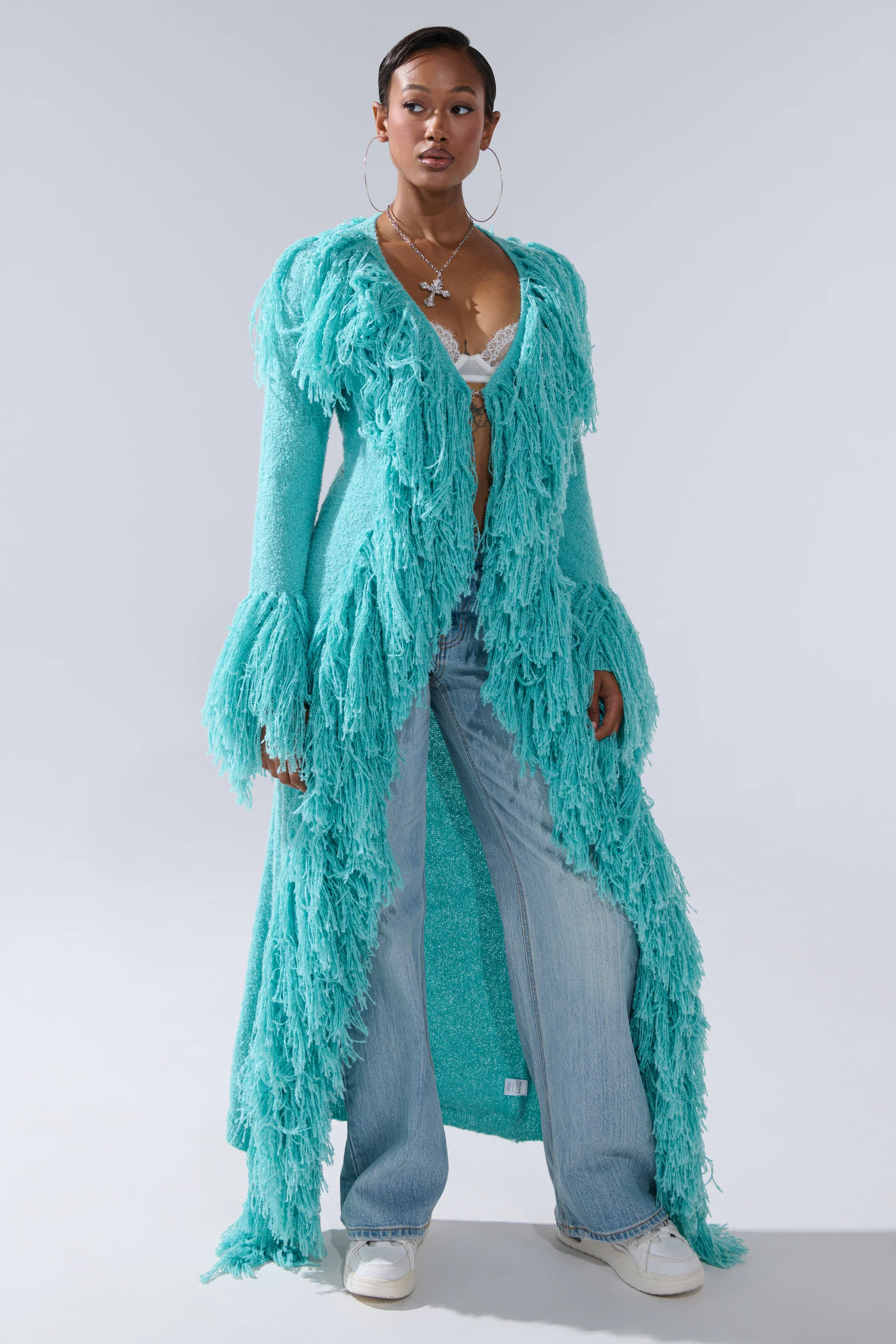 BURRR IT'S COLD OUTSIDE FRINGE OVERSIZED SWEATER IN TURQUOISE - Image 3