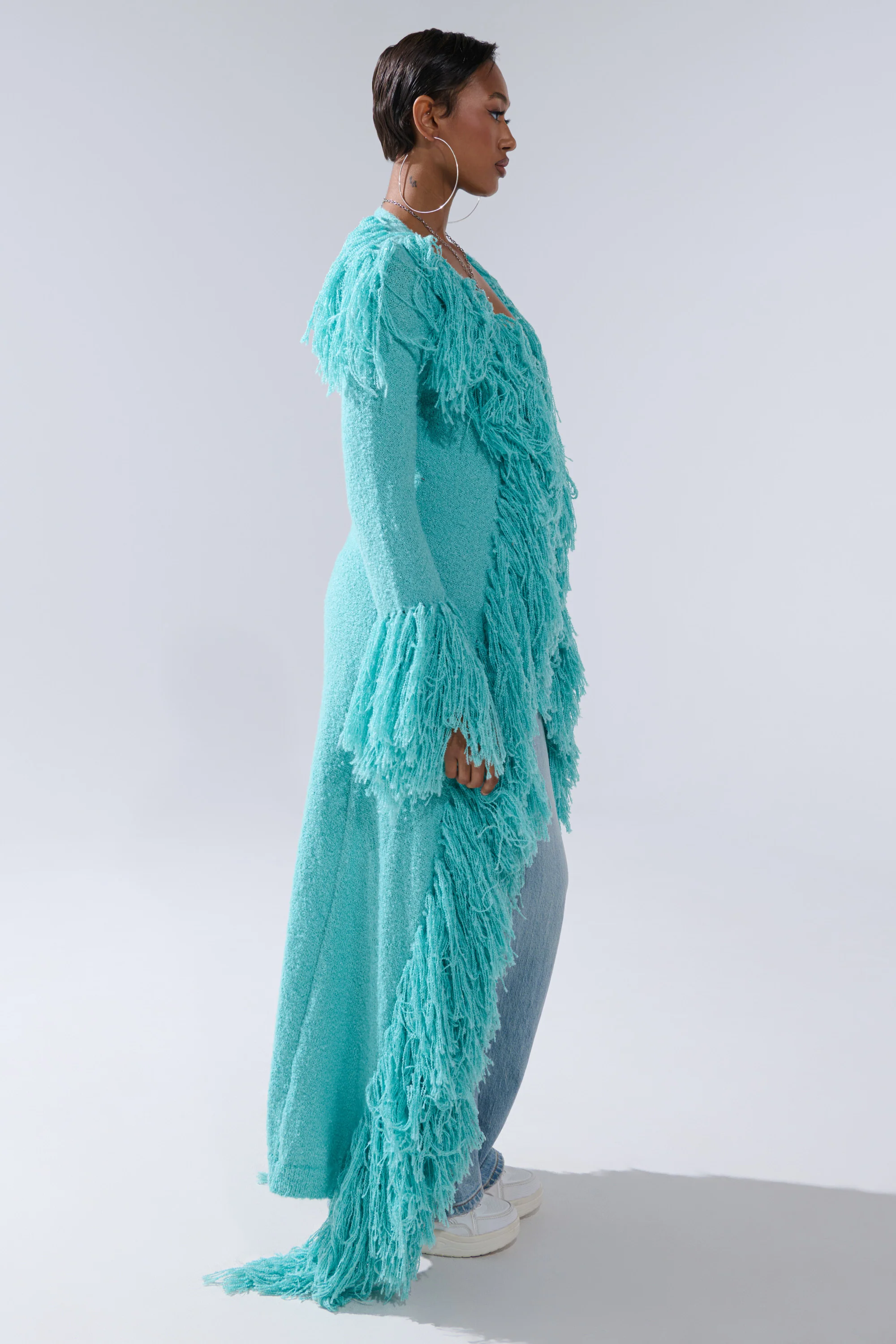 BURRR IT'S COLD OUTSIDE FRINGE OVERSIZED SWEATER IN TURQUOISE - Image 4