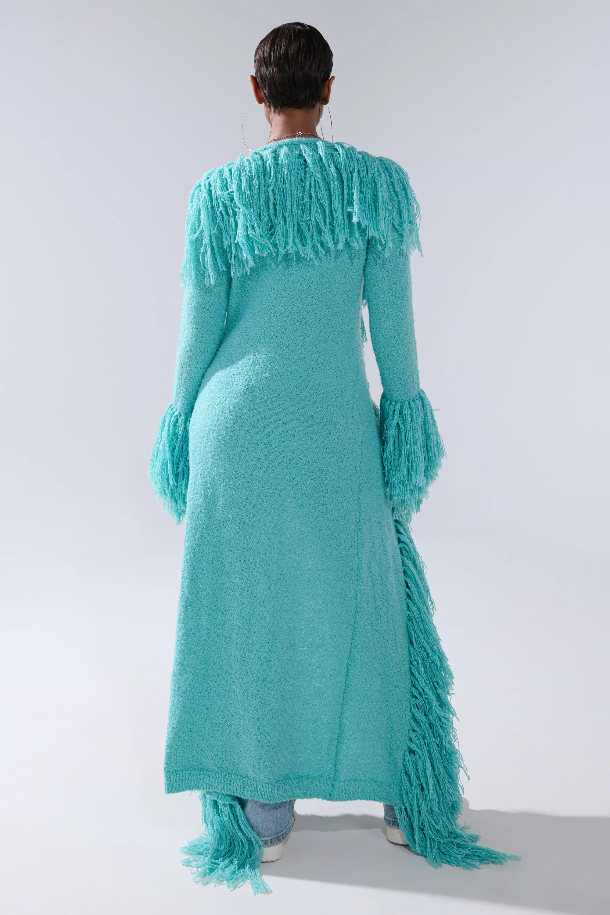 BURRR IT'S COLD OUTSIDE FRINGE OVERSIZED SWEATER IN TURQUOISE - Image 5