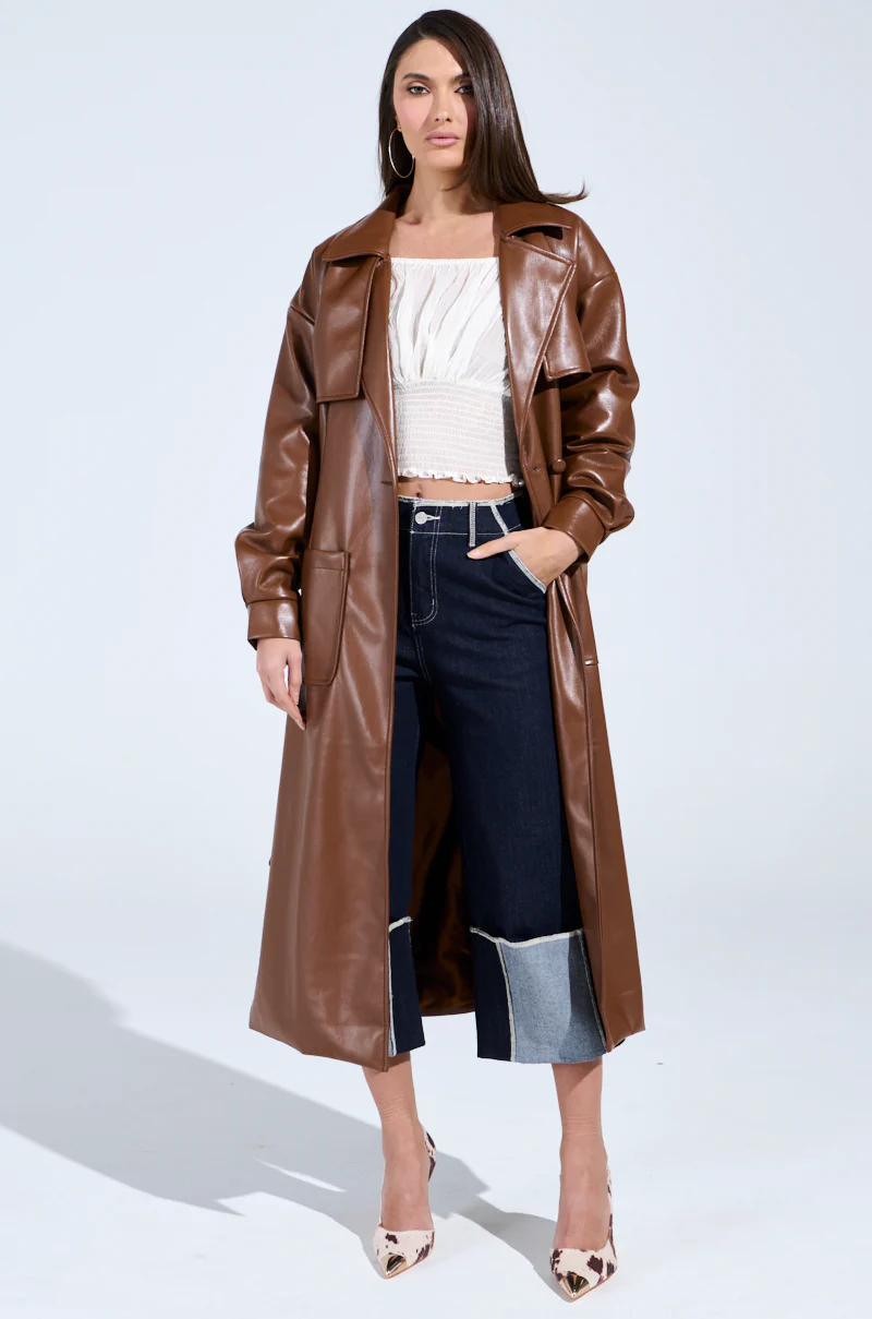 BUTTER LUXE FAUX LEATHER TRENCH IN BROWN - Image 4