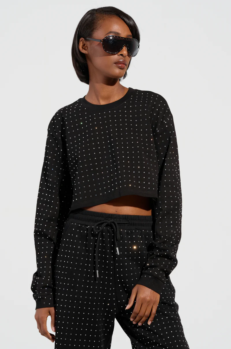 BUTTERCUP LONG SLEEVE RHINESTONE EMBELLISHED T-SHIRT IN BLACK - Image 2