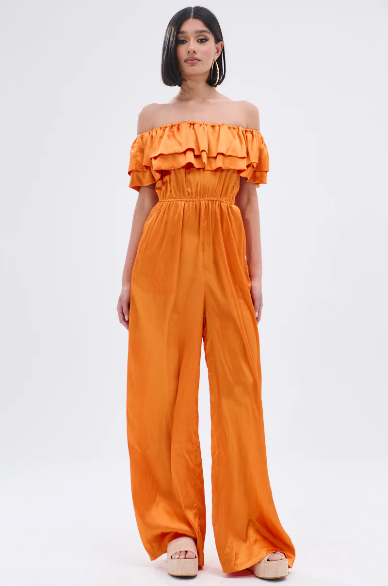 BYE BYE WINTER BLUES OFF THE SHOULDER SATIN JUMPSUIT - Image 2