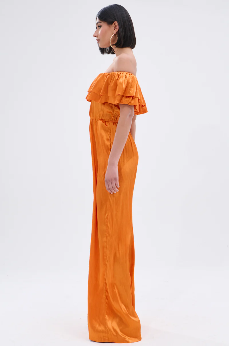 BYE BYE WINTER BLUES OFF THE SHOULDER SATIN JUMPSUIT - Image 3